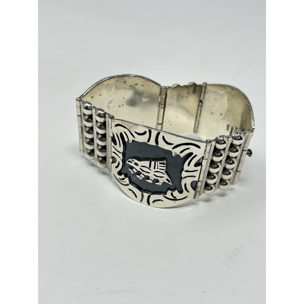 Vintage 925 Mexico Sterling Silver Porcupine Animal Panel Bracelet Heavy 2.5 oz - Picture 11 of 12